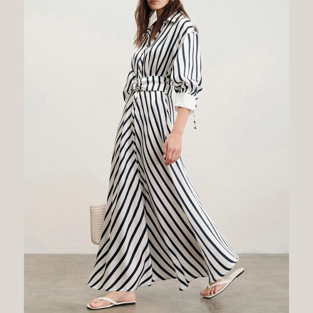 Navy Striped Collared Belted Button Front Maxi Shirt Dress - Picture 6 of 7